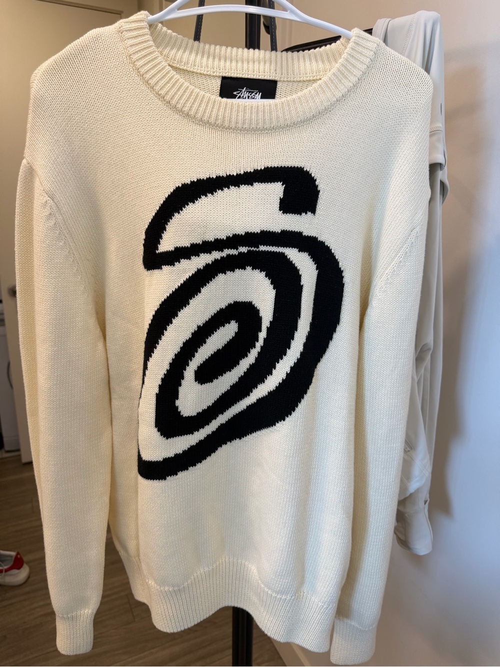 New-Stussy Cream Crewneck Sweater with Black Spiral Graphic